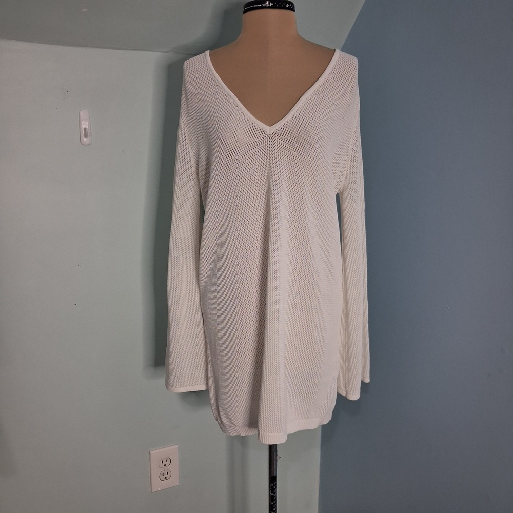 House of Harlow 1960 White Open Knit V-Neck Bell Sleeve Tunic Sweater Medium